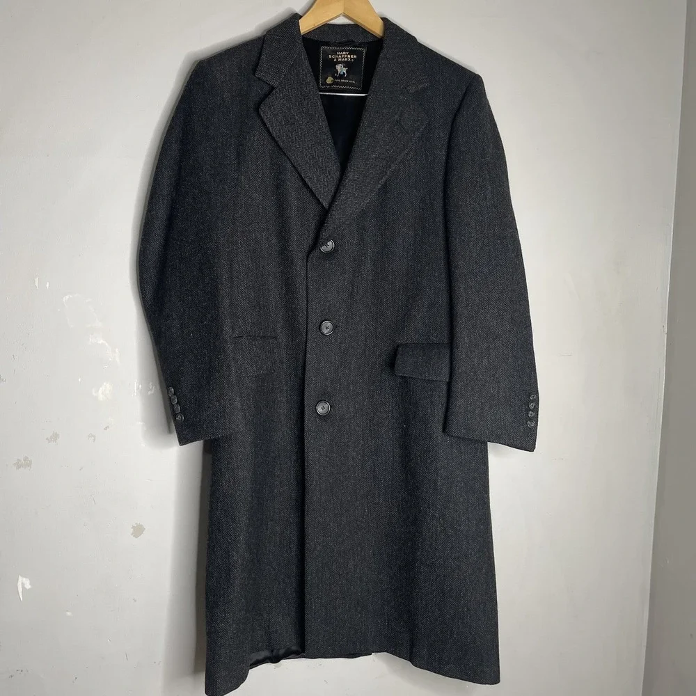 Hart Schaffner‎ Marx Saxony Tweed Wool Herringbone Overcoat Mens 38S Gray